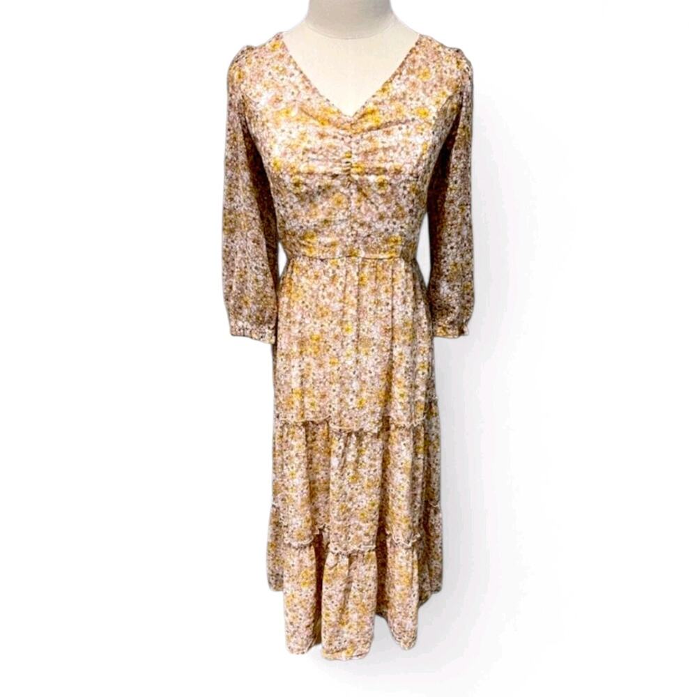 Sincerely Jules Dress Womens Large Yellow Pink Floral Peasant Boho Cottage